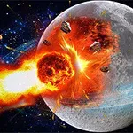 Zobrazenie masívneho výbuchu na povrchu mesiaca spôsobeného dopadom meteoru na nočnej oblohe