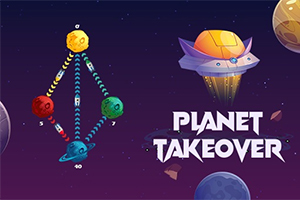 Farebná planétna sústava s prepojeniami a vesmírna loď na tmavom vesmírnom pozadí s textom Planet Takeover