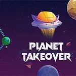 Farebná planétna sústava s prepojeniami a vesmírna loď na tmavom vesmírnom pozadí s textom Planet Takeover