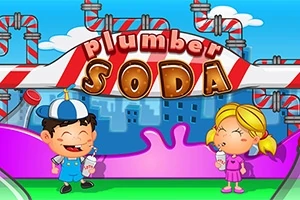 Dve kreslené postavičky, chlapec a dievča, pijú nápoj pred potrubím s nápisom Plumber Soda