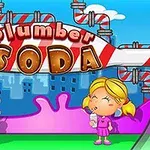 Dve kreslené postavičky, chlapec a dievča, pijú nápoj pred potrubím s nápisom Plumber Soda