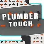 Text Plumber Touch na šedom pozadí so vzorom potrubia