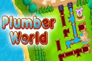 Nápis Plumber World vedľa potrubného systému na zelenom trávniku pri vode