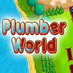 Nápis Plumber World vedľa potrubného systému na zelenom trávniku pri vode