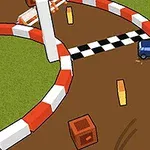 Miniatúrne autíčko na motokárovej dráhe s čierno-bielou cieľovou čiarou, okolo ktorej sú umiestnené kužele a prekážky