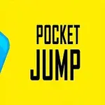 Modrá usmievavá kocka na žltom pozadí s textom „Pocket Jump“