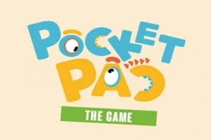 Farebný nápis Pocket Pao s náramným písmom a dekoračnými očami, s nápisom The Game na zelenej podklade