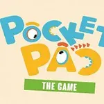 Farebný nápis Pocket Pao s náramným písmom a dekoračnými očami, s nápisom The Game na zelenej podklade