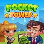 Žena s oranžovými vlasmi a podnikateľ v obleku pred farebnou budovou a názvom Pocket Tower na modrej oblohe