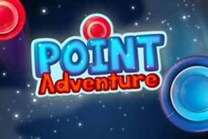 Nápis POINT Adventure v modro-červenej farbe na vesmírnom pozadí s hviezdami a farebnými kruhmi