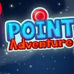 Nápis POINT Adventure v modro-červenej farbe na vesmírnom pozadí s hviezdami a farebnými kruhmi