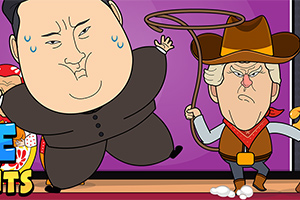 Karikatúra dvoch postáv, jednej v obleku so spotenou tvárou a druhej oblečenej ako kovboj s klobúkom, lasom a šálom