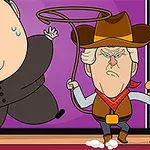 Karikatúra dvoch postáv, jednej v obleku so spotenou tvárou a druhej oblečenej ako kovboj s klobúkom, lasom a šálom