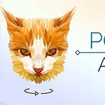 Polygonálna ilustrácia hlavy mačky s textom POLY ART na svetlom pozadí