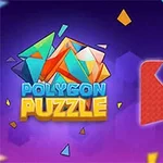 Farebné geometrické tvary na fialovom pozadí s nápisom Polygon Puzzle a rukou ukazujúcou na červený tvar