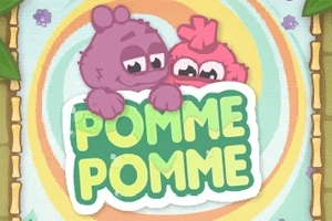 Dve farebné, chlpaté postavičky s veľkými očami držia nápis POMME POMME na farebnom pozadí s lístkami po okrajoch