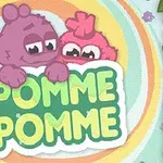 Dve farebné, chlpaté postavičky s veľkými očami držia nápis POMME POMME na farebnom pozadí s lístkami po okrajoch