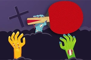 Farebné zombie ruky vychádzajú zo zeme a jedna drží červenú pingpongovú raketu