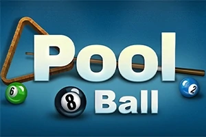 Nápis Pool Ball s biliardovými guľami, tágo a trojuholníkové rámiky na modrom pozadí