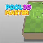 Biliardový stôl s dvojicou guľôčok, tágo a trojuholníkový stojan na zelenom podklade, vedľa farebný nápis Pool 3D Master