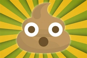 Hnedá emoji kôpka s výrazom prekvapenia na žlto-zelenom pruhovanom pozadí