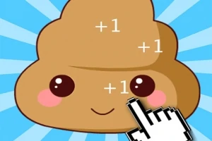 Roztomilá kreslená tvár exkrementu s ružovými lícami a bodkovanými očami na modrom pozadí s pridanými bodmi +1 a kurzorom v tvare ruky