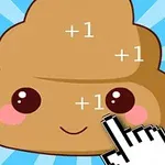 Roztomilá kreslená tvár exkrementu s ružovými lícami a bodkovanými očami na modrom pozadí s pridanými bodmi +1 a kurzorom v tvare ruky