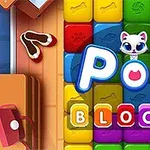 Farebné bloky s nápisom POP a mačka v strede, obklopené rôznofarebnými kockami a kockami s písmenami slova BLOCKS