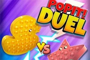 Žltá bublinková kačica a červená hviezda s očami proti sebe na fialovo-modrom pozadí s textom Pop It!