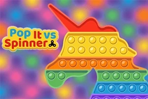 Dúhový jednorožec Pop It na farebnom rozmazanom pozadí s nápisom Pop It vs Spinner