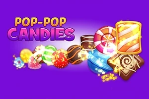 Farebné cukrovinky na fialovom pozadí s nápisom POP-POP CANDIES
