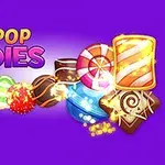 Farebné cukrovinky na fialovom pozadí s nápisom POP-POP CANDIES