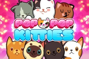 Skupina rozkošných kreslených mačiek na ružovom pozadí s nápisom Pop Pop Kitties
