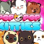 Skupina rozkošných kreslených mačiek na ružovom pozadí s nápisom Pop Pop Kitties