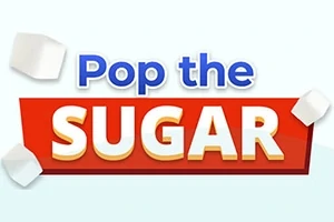 Logo s nápisom Pop the Sugar na červenom pozadí s padajúcimi kockami cukru
