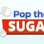 Logo s nápisom Pop the Sugar na červenom pozadí s padajúcimi kockami cukru