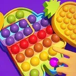 Farebný pop it v tvare postavičky s rôznymi bublinami a motívom ovocia na fialovom pozadí