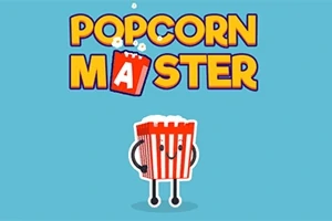 Ilustrácia s usmievavou nádobou na popcorn s nohami a rukami na modrom pozadí, nad ktorou je nápis Popcorn Master s bublinami a vyskočeným písmenom A