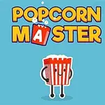 Ilustrácia s usmievavou nádobou na popcorn s nohami a rukami na modrom pozadí, nad ktorou je nápis Popcorn Master s bublinami a vyskočeným písmenom A