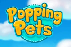 Názov Popping Pets je zobrazený farebným, bublinovým písmom na modrom pozadí s oblakmi