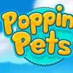 Názov Popping Pets je zobrazený farebným, bublinovým písmom na modrom pozadí s oblakmi