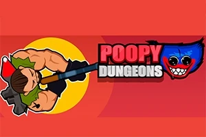 Kreslená postava so zbraňou cez rameno stojí vedľa textu POOPY DUNGEONS s modrou, usmiatou maskou v pozadí