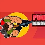 Kreslená postava so zbraňou cez rameno stojí vedľa textu POOPY DUNGEONS s modrou, usmiatou maskou v pozadí