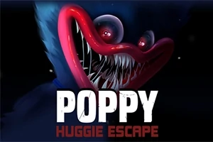 Modrá postava s výraznými červenými perami a ostrými zubami v temnom pozadí so svietiacimi očami