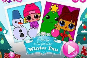 Dve ilustrácie bábik v zimnom prostredí, jedna snehuliakom a druhá so stromčekom, s nápisom „Popsy Surprise: Winter Fun“