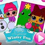 Dve ilustrácie bábik v zimnom prostredí, jedna snehuliakom a druhá so stromčekom, s nápisom „Popsy Surprise: Winter Fun“