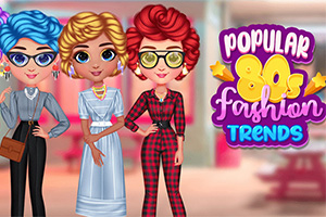 Tri kreslené postavy v retro oblečení stoja vedľa seba pred farebným pozadím s nápisom Popular 80s Fashion Trends