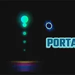 Zelené svetelné gule a modrý nápis PORTAL na tmavom pozadí
