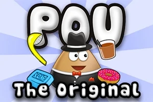 Postava s klobúkom a motýlikom obklopená pohárom, kockou mydla, banánom a donutom na modrom pozadí s nápisom The Original