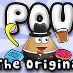 Postava s klobúkom a motýlikom obklopená pohárom, kockou mydla, banánom a donutom na modrom pozadí s nápisom The Original